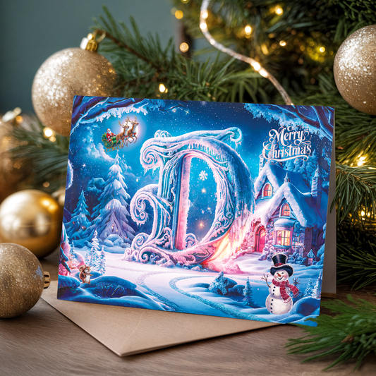 Christmas card with a decorative letter D in a snowy village scene, surrounded by Christmas decorations.