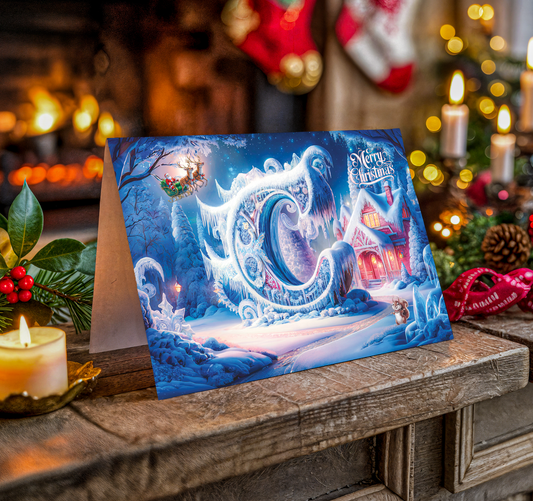 Decorative Christmas card with festive design and letter C on a wooden surface with candles and stockings.