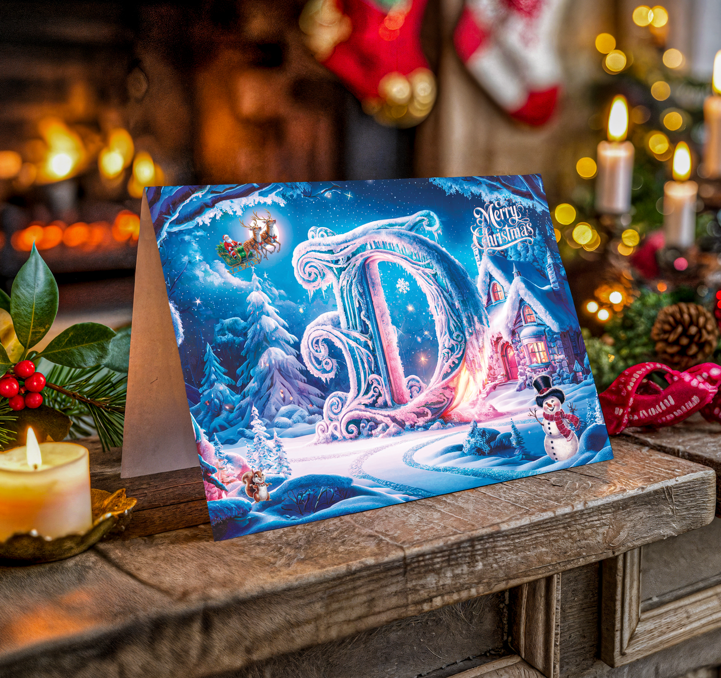 Decorative Christmas card with festive design and letter D on a wooden surface with candles and stockings.