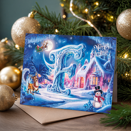 Christmas card with icy village scene, letter F, reindeer, and snowman, surrounded by Christmas decorations.