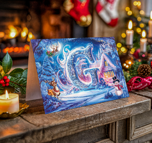 Christmas card with festive design and letter G on a wooden surface with candles and decorations.
