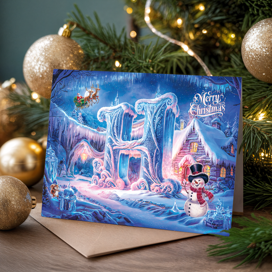 Christmas card with letter H, icy landscape and snowman, surrounded by festive decorations.
