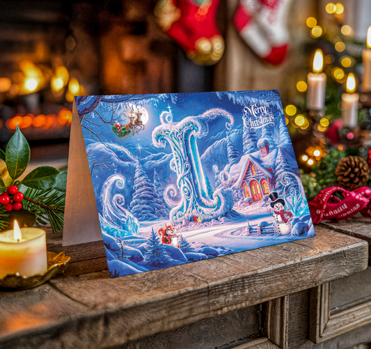 Decorative Christmas card with festive scene on a wooden surface with candles and stockings.