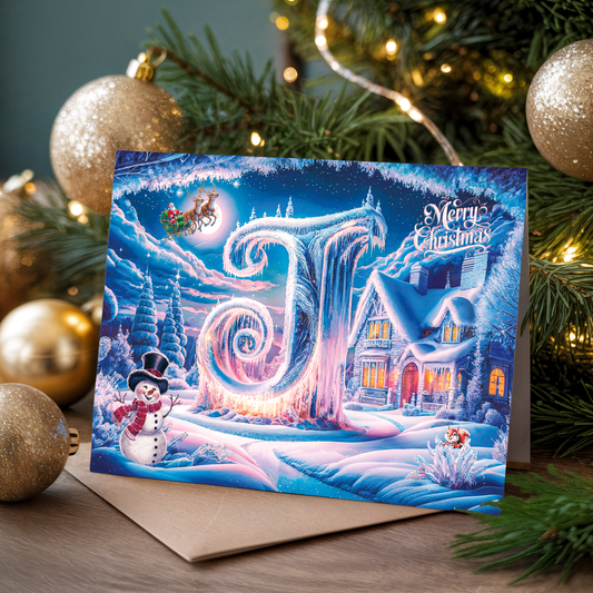 Christmas card with letter J, snowy village and ornaments on a festive background