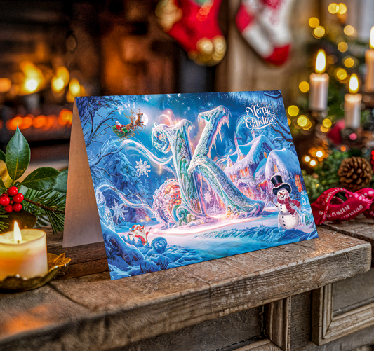 Christmas card with letter K on a wooden surface with festive decorations.