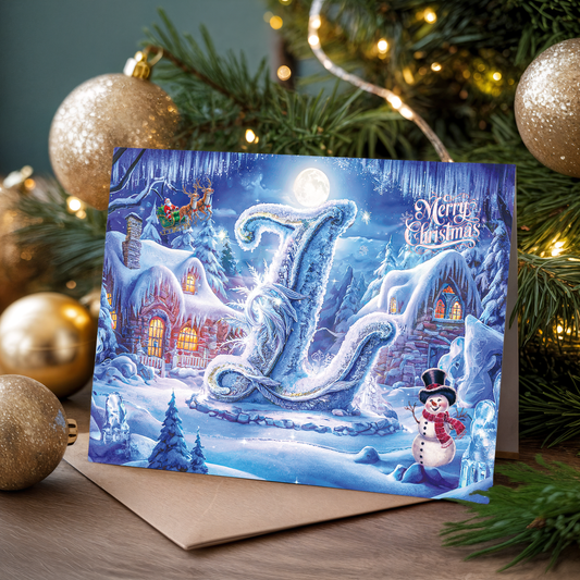 Christmas card with letter L, a snowy village scene, Santa's sleigh, and snowman, surrounded by festive decorations.