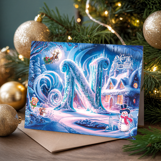 Christmas card with a snowy village scene, letter N, surrounded by Christmas decorations.