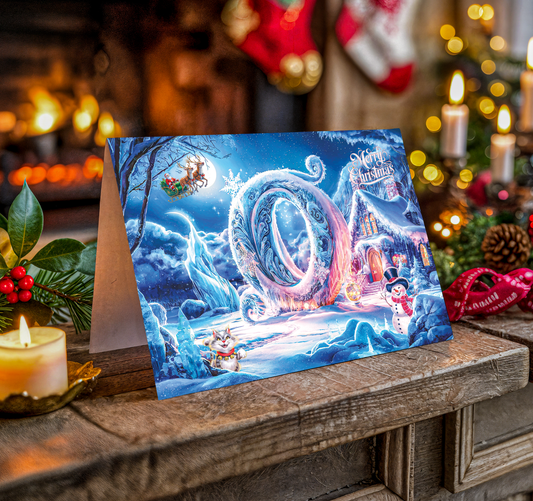 Christmas card with letter O, festive design on a wooden surface with candles and decorations.