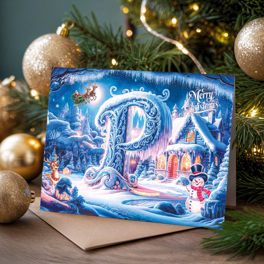 Christmas card with letter P, snowy village scene and "Merry Christmas" text, surrounded by festive decorations.