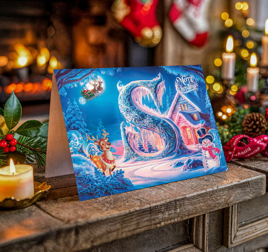 Decorative Christmas card with festive design on a wooden surface with candles and stockings.
