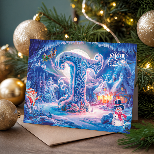 Christmas card with festive scene featuring Santa, reindeer, and snowman, surrounded by Christmas decorations.