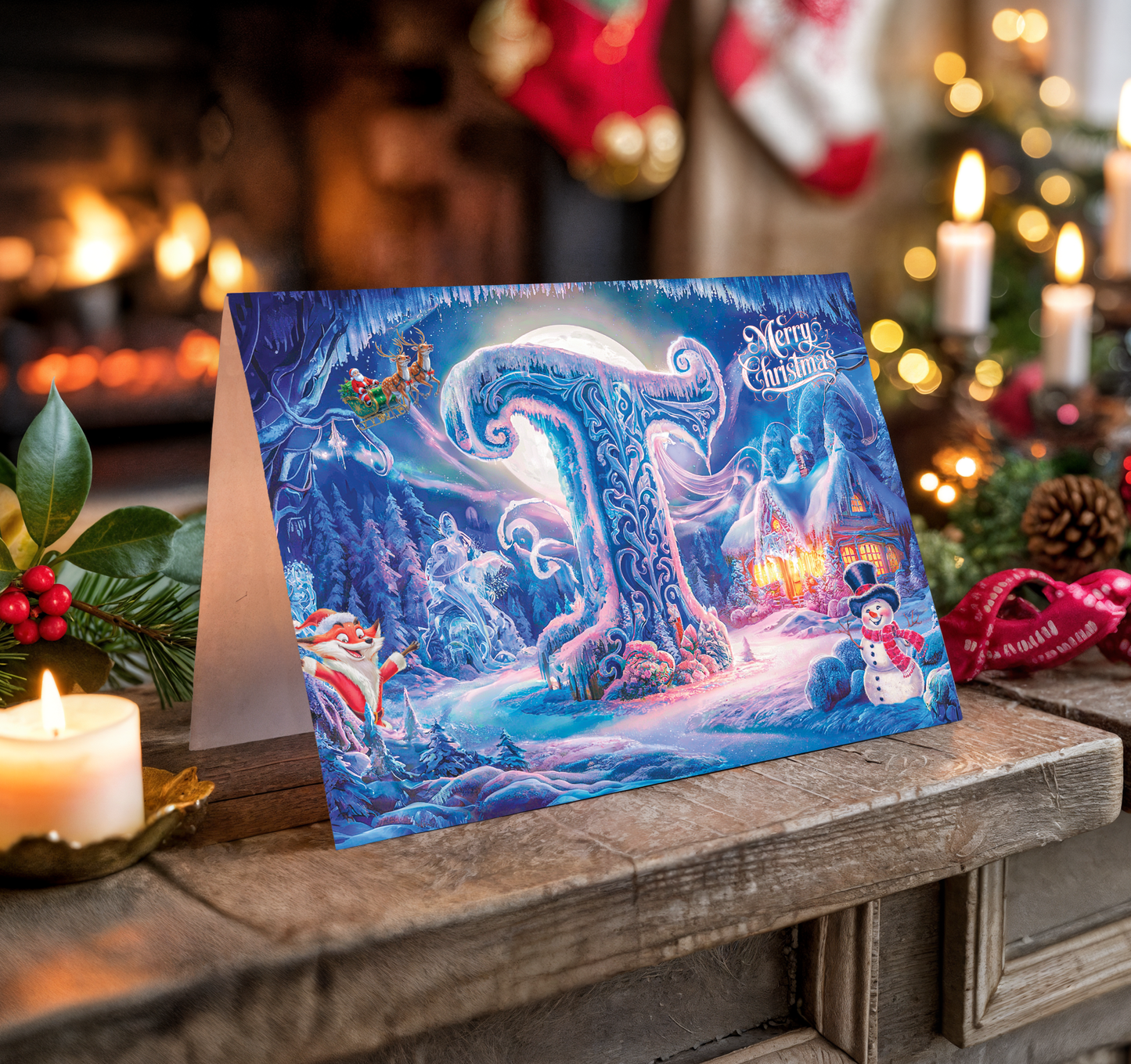 Christmas greeting card with letter T