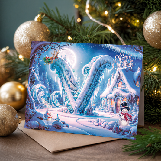 Christmas card with letter V and icy landscape and snowman, surrounded by festive decorations.