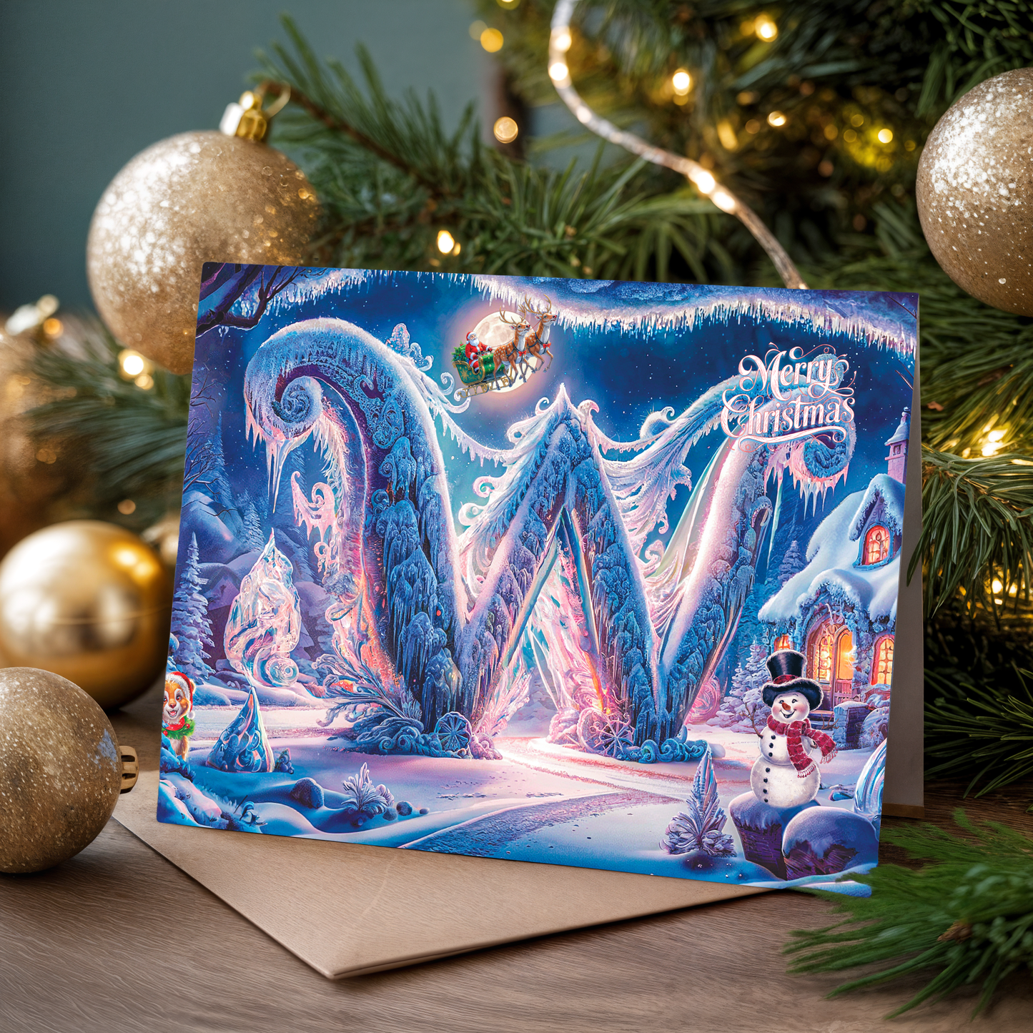 Christmas card with a snowy landscape and festive decorations, placed on a wooden surface with a Christmas tree in the background.