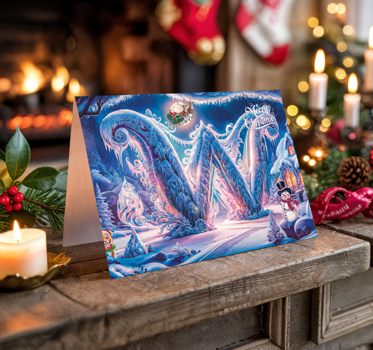 Christmas card with festive design on a wooden surface with candles and decorations.