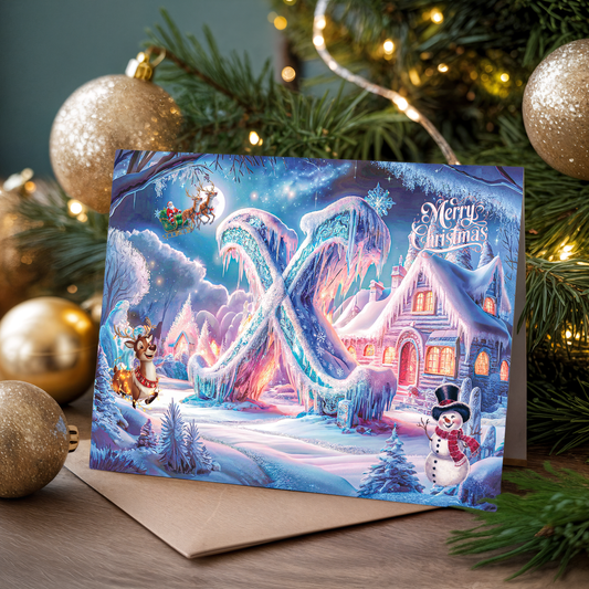 Christmas card with Santa Claus and reindeer near a snowy house, surrounded by Christmas decorations.