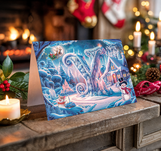 Decorative Christmas card with festive scene on a wooden surface with candles and stockings in the background.