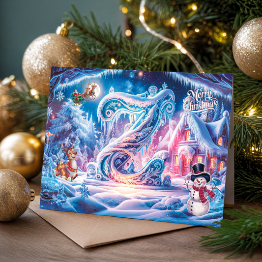 Christmas card with a snowy scene featuring a sleigh, reindeer, and snowman, surrounded by festive decorations.