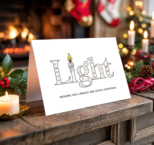 Christmas card with "Light" and festive background with candles and stockings.