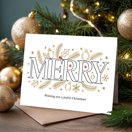 Christmas card with "Merry" and festive decorations in front of a Christmas tree.