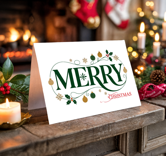 Merry Christmas card on a wooden surface with festive background