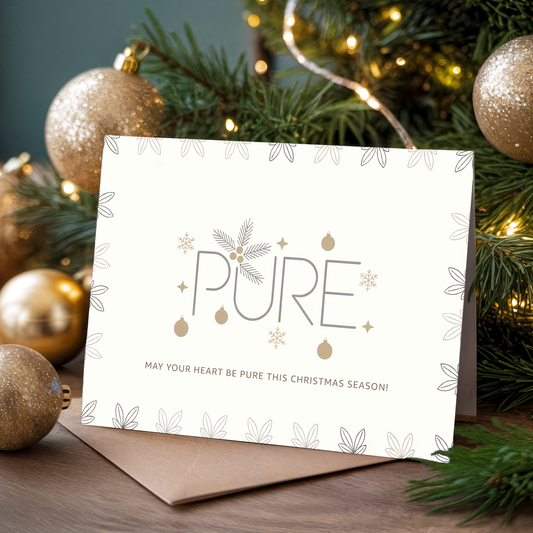 Christmas card with "PURE" text and festive decorations