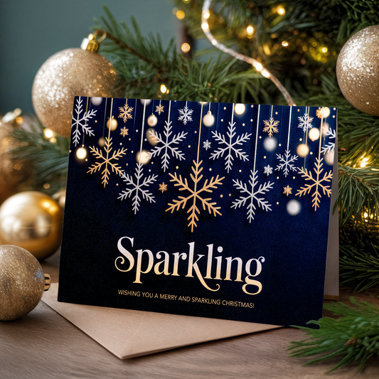 Christmas card with snowflakes and "Sparkling" text in front of a decorated tree.