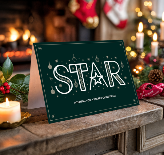 Christmas card with "STAR" design on a festive background with candles and stockings.