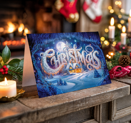 Christmas card with snowy village design on a wooden surface with candles and decorations.