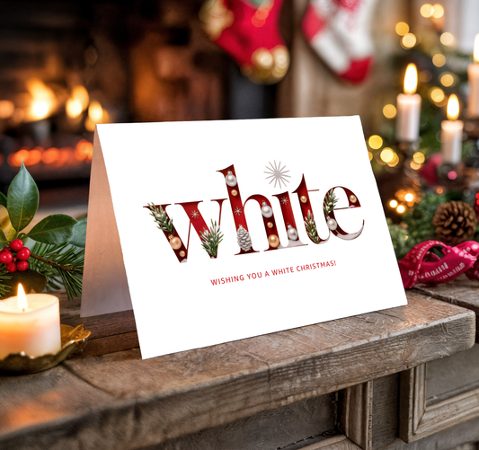 Christmas card with "Wishing you a White Christmas!" text on a festive background with candles and stockings.
