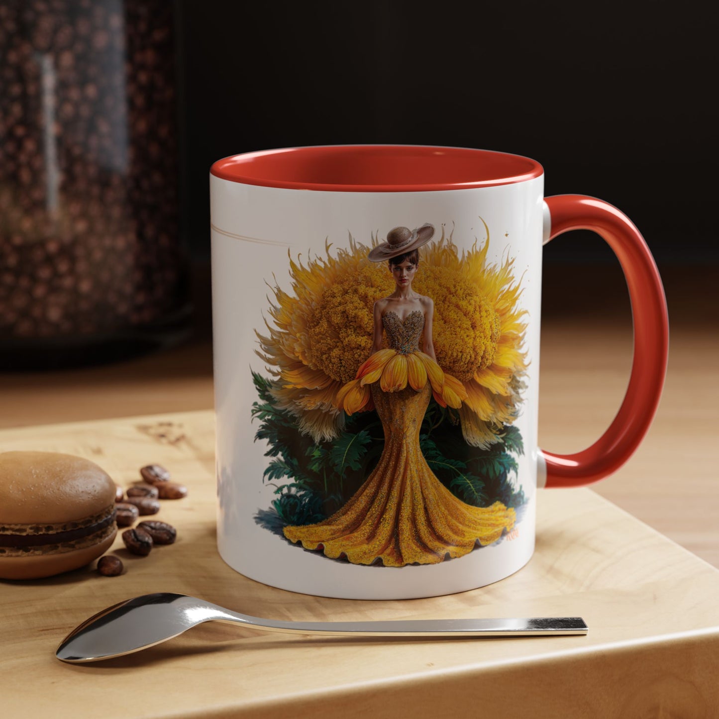 Mug with a floral design of a woman on a wooden surface with coffee beans and a spoon.