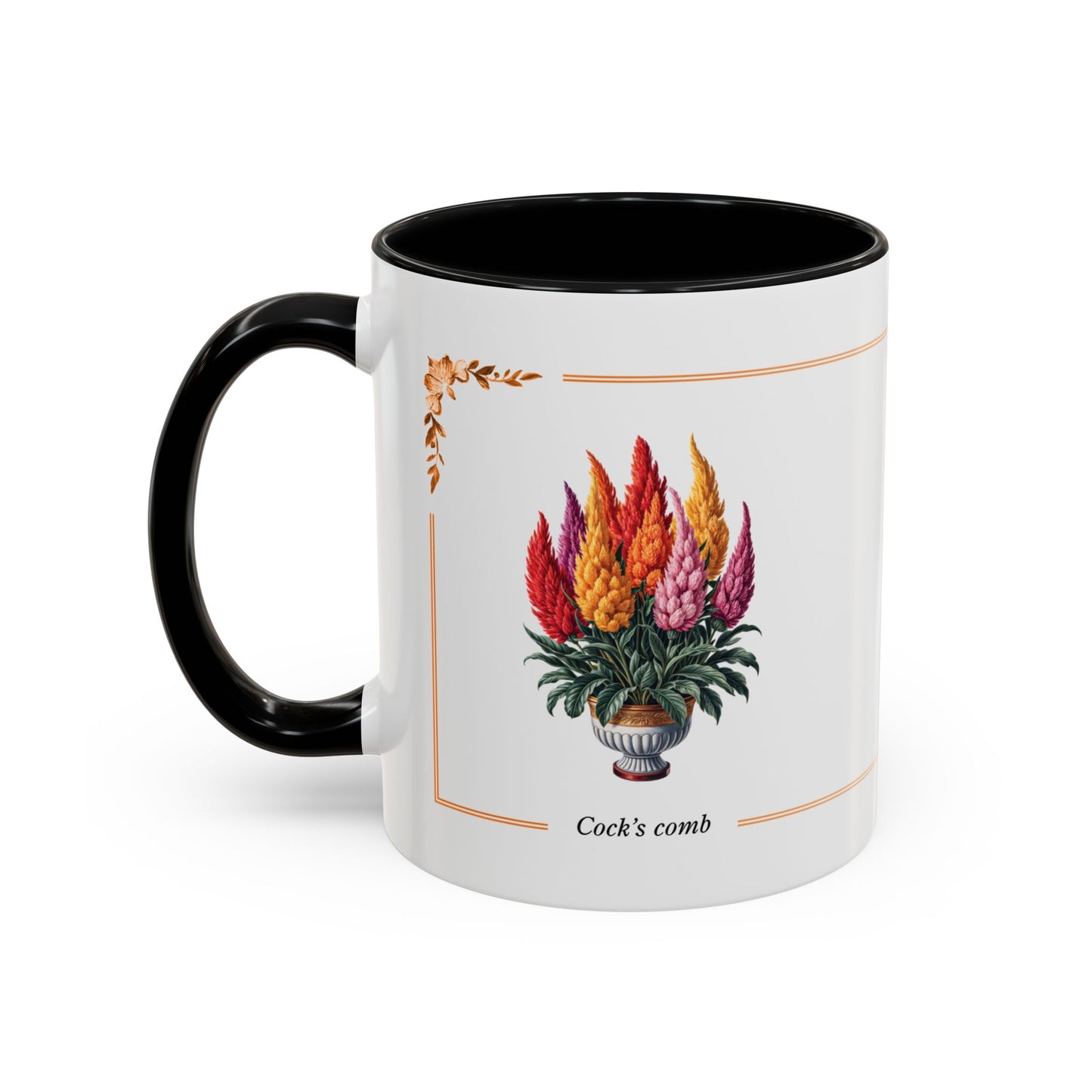 Mug with floral design and text on a white background