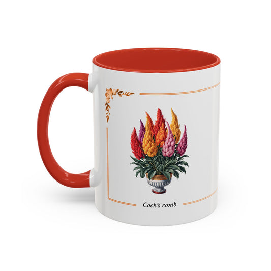 Mug with red interior and handle, featuring a floral design and text on a white background