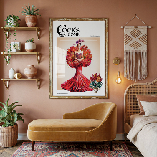 Decorative interior with a framed poster on a wall, a yellow sofa, and a bed.