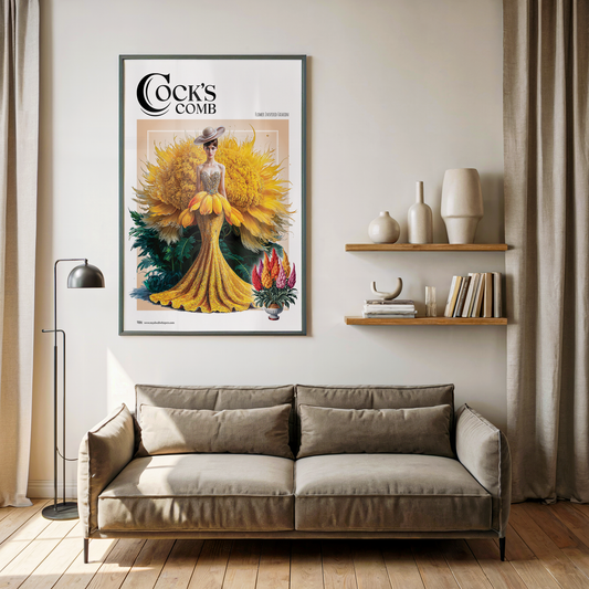 Framed poster of a woman in a yellow dress with flowers above a beige sofa in a living room.