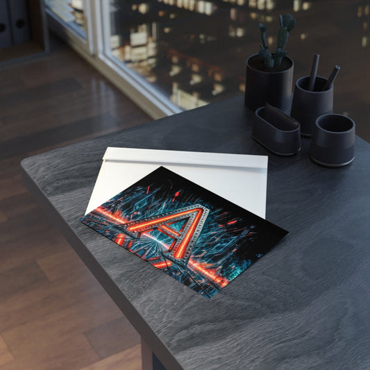 Postcard with cyberpunk letter A design on a table with a cityscape background