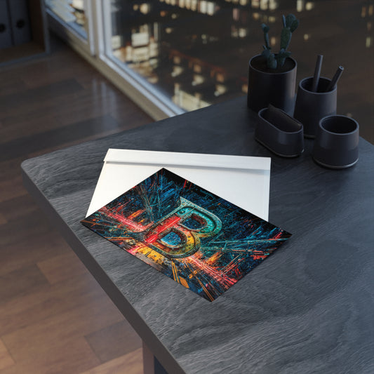 Postcard with cyberpunk letter B design on a dark surface, blurred cityscape in the background.