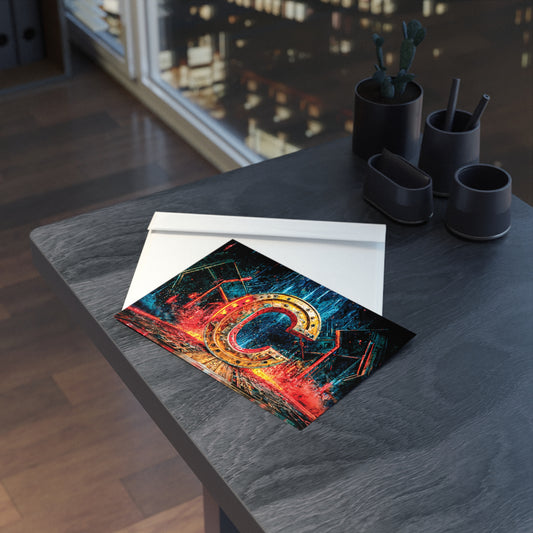 Postcard with cyberpunk letter C design on a table with a cityscape in the background
