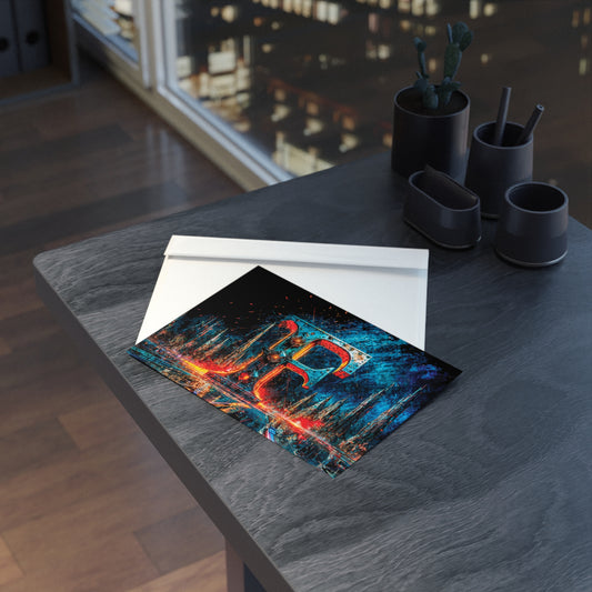 Postcard with cyberpunk design of letter F on a table with a cityscape in the background