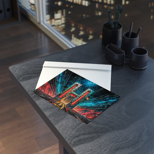 Cyberpunk design postcard on a table with a cityscape in the background