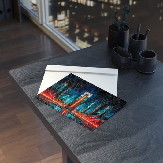 Cyberpunk design postcard on a table with a cityscape in the background