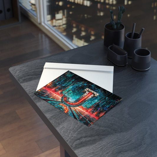 Postcard with cyberpunk design on a table with a cityscape in the background