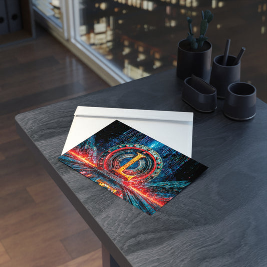 Cyberpunk style postcard with an envelope on a dark surface, cityscape in the background