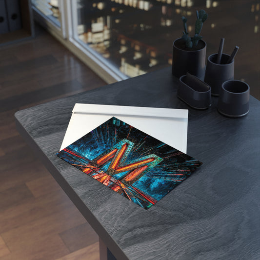 Postcard with cyberpunk design on a table in a room with a cityscape view.