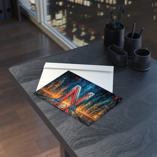 Postcard with cyberpunk design on a table with a cityscape in the background