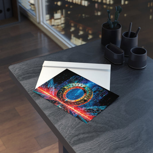 Colorful abstract cyberpunk design on a card with an envelope on a dark surface.