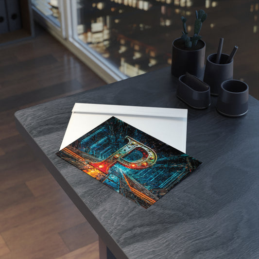Postcard with cyberpunk design on a table with a cityscape in the background