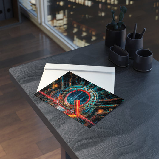 Postcard with cyberpunk design on a table with a cityscape in the background