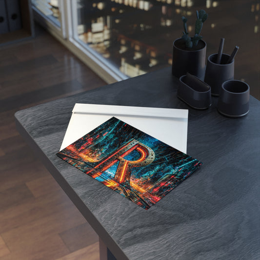 Postcard with cyberpunk letter 'R' design on a dark surface with a cityscape background.