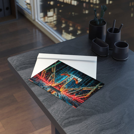 Postcard with cyberpunk design on a table with a cityscape in the background